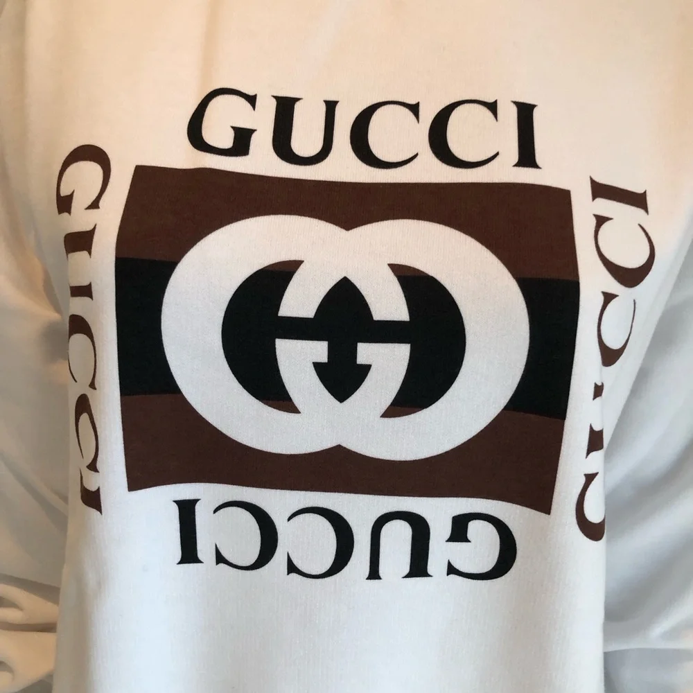 Gucci Logo GG Men’s Size S Felted Cotton Jersey White/Brown Sweatshirt Pullover